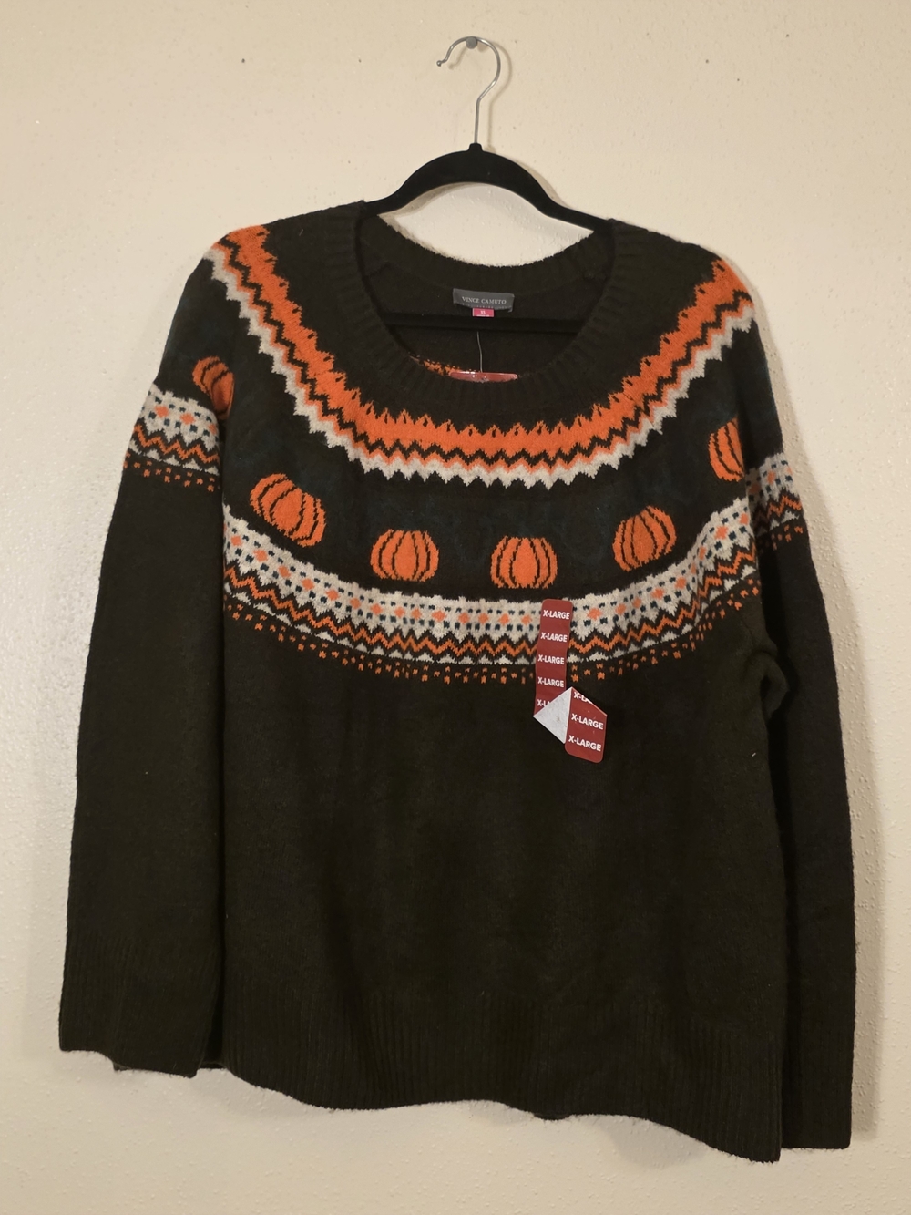Men's Dark Green Fair Isle Pumpkin Crewneck Sweater